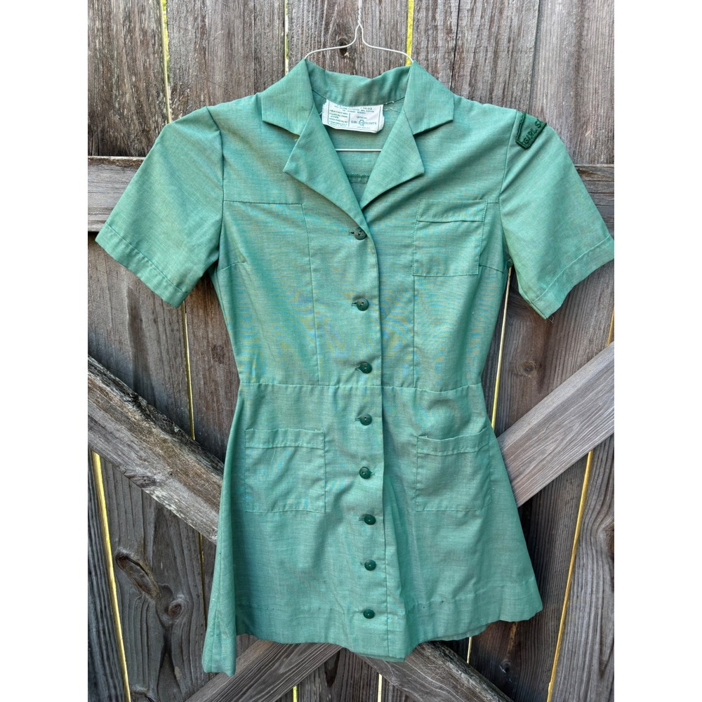 Vintage Girl Scouts Official Uniform Dress Green Button Front Short Sleeve Patch
